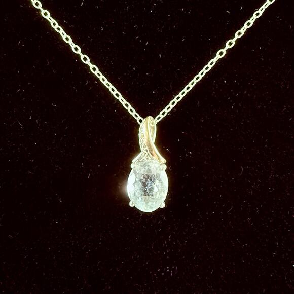Duet Aquamarine Pendant 925 Silver 10K Gold Diamond Accents 18" Necklace VTG - Picture 1 of 8